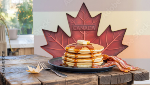 Stack of pancakes with maple syrup and bacon against a Canadian backdrop