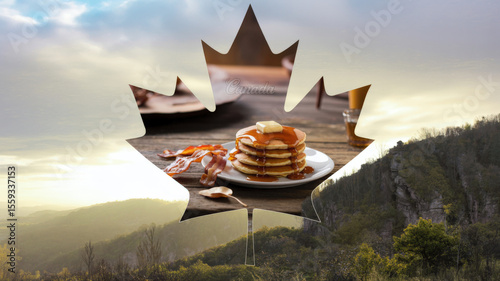 Pancakes with syrup and bacon against a scenic Canadian landscape