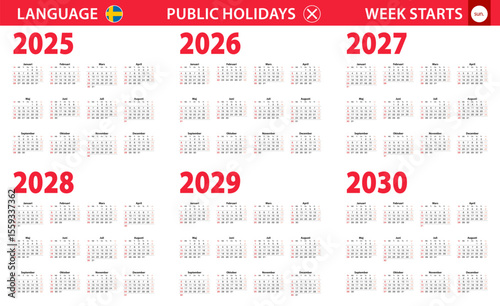 2025-2030 year calendar in Swedish language, week starts from Sunday.