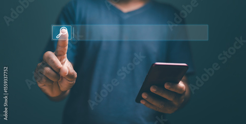 Search Engine Optimization concept. SEO. Smart data search technology. Businessman using a smartphone to be searching for online information. Using search console for ​your website.