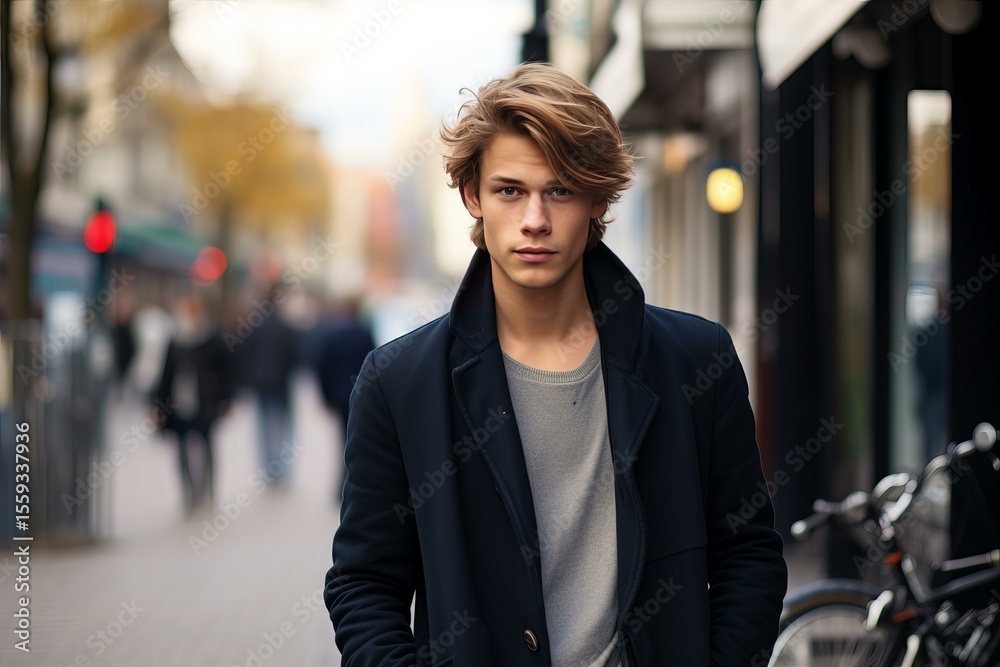 Fototapeta premium Handsome young man walking down city street looking forward