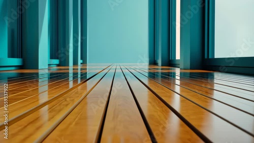 Shining Wood Flooring: Captivating shot of polished wooden flooring, reflecting natural light and leading the viewer's eye into a modern, minimalist space, conveying a sense of elegance.