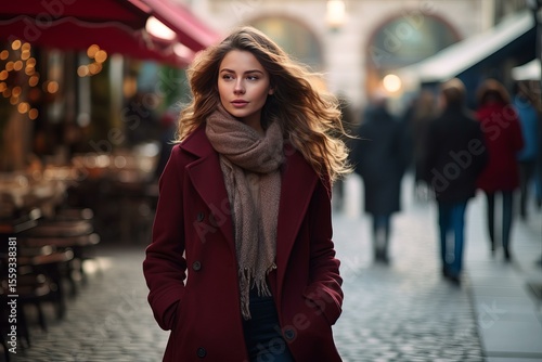 Fototapeta Naklejka Na Ścianę i Meble -  Parisian woman walking in a city street during winter, wearing a burgundy coat and a beige scarf