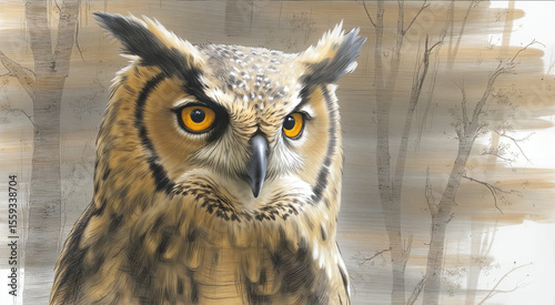 Portrait of a Striking Owl Among Birch Trees