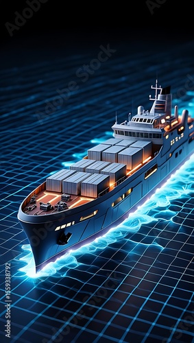 Cargo Ship Sailing on Digital Ocean Grid Blue White