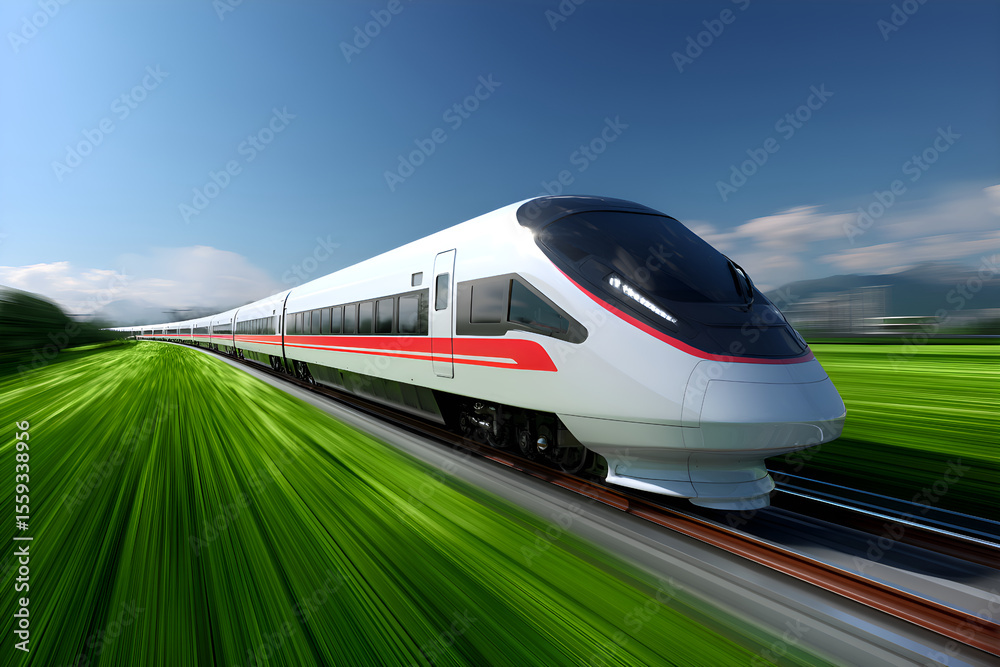 Fototapeta premium Modern high speed train traveling through green landscape