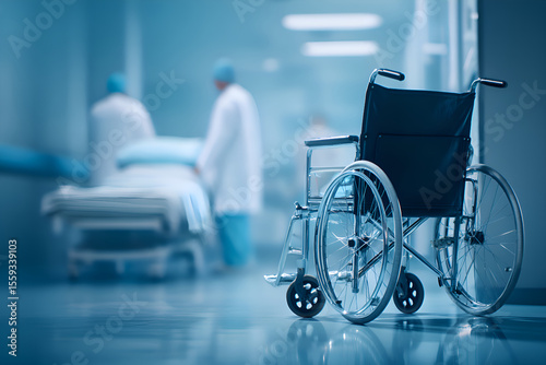 Empty wheelchair stands in hospital corridor, while doctors are pushing hospital bed