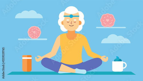 An illustration of an older individual practicing yoga and taking brain health supplements promoting the mindbody connection for overall wellbeing.. Vector illustration