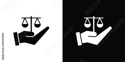 Justice scales in Hand icon in trendy stroke thin linear style.