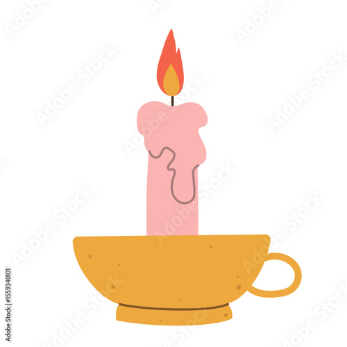 Isolated flat vector illustration of burning candle in an vintage candlestick on white background. Cottagecore lifestyle. Home interior element.