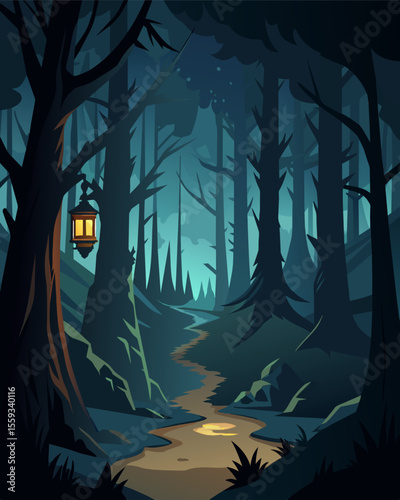 The dark forest was illuminated only by the flickering gaslight casting eerie shadows on the trees and creating an otherworldly atmosphere.. Vector illustration