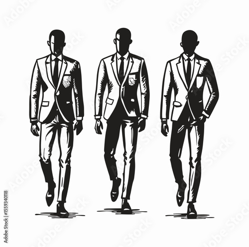 Three Men Walking in Suits, Black and White Illustration