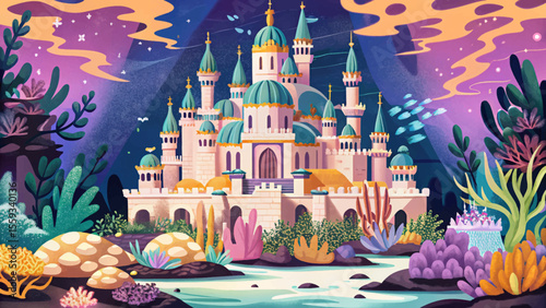 enchanted underwater kingdom featuring glowing coral castles cartoon vector, fantasy sea elements, and magical marine life in a vibrant and dreamlike ocean setting