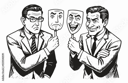 Two Businessmen Holding Happy and Sad Masks: Deception Concept