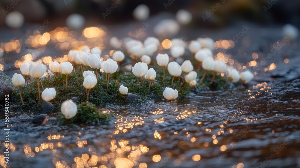 Fototapeta premium Delicate White Flowers Amidst Sparkling Water Reflections at Dusk