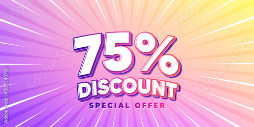 Discount sun rays gradient banner. Light burst background. 75 percent discount tag. Sale offer price sign. Special offer symbol. Gradient sun rays. Sunburst light. Vector