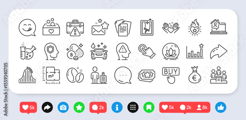 Heart flame, Roller coaster and Floor plan line icons pack. Social media: share, comment, like icons. Favorite mail, Car wash, Hold heart web icon. Vector