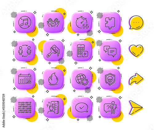 Brush, Workflow and Fire energy line icons. App 3d buttons. Social media comment, share, like icons. Pack of Puzzle, Binary code, Calendar graph icon. Phone app, No music, Safe time pictogram. Vector