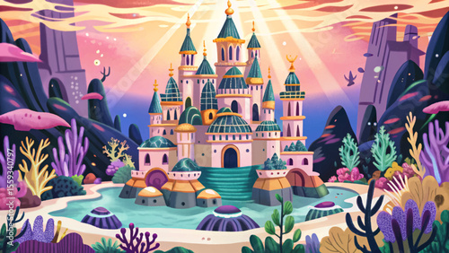 enchanted underwater kingdom featuring glowing coral castles cartoon vector, fantasy sea elements, and magical marine life in a vibrant and dreamlike ocean setting