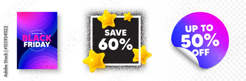 Discount photo frame 3d stars. Discount sticker banner. Save 60 percent off tag. Sale Discount offer price sign. Special offer symbol. Black friday poster. Promo background. Vector