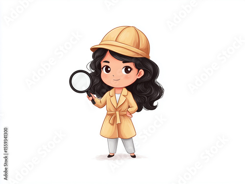 Young detective character holding a magnifying glass, dressed in a beige coat and cap, ready to solve mysteries