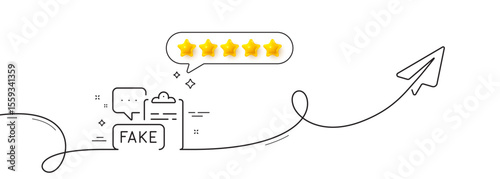 Fake document line icon. Continuous line with share plane. Propaganda conspiracy clipboard sign. Wrong truth symbol. Five star rate review in speech bubble. Fake document single line ribbon. Vector