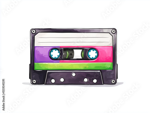 Colorful cassette tape on a white background showcasing retro design and nostalgia for music lovers from the 1980s and 1990s
