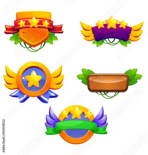 Fantasy Game UI Badges Colorful Vector Emblem Set
