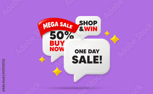One day speech bubbles. Mega sale flag ribbon. One day sale tag. Special offer price sign. Advertising Discounts symbol. Discount chat bubbles with 3d sparkles. Vector