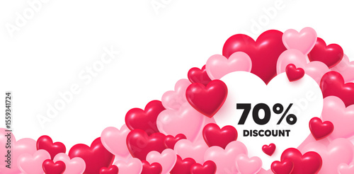 Discount heart shaped bubble. 3d hearts love background. 70 percent discount tag. Sale offer price sign. Special offer symbol. Valentines day greeting card. Cute 3d hearts. Vector