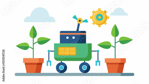 An ecofriendly robotic seed planter powered by renewable energy sources reducing carbon footprint while increasing efficiency.. Vector illustration