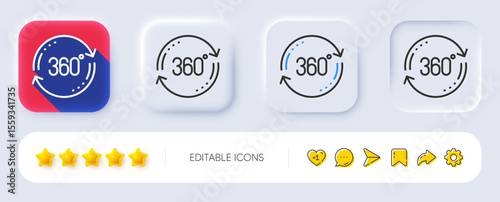 360 degree line icon. Neumorphic, Flat shadow, 3d buttons. Full rotation sign. VR technology simulation symbol. Line full rotation icon. Social media icons. Vector