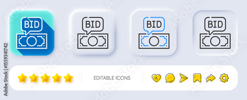 Bid offer line icon. Neumorphic, Flat shadow, 3d buttons. Auction sign. Raise the price up symbol. Line bid offer icon. Social media icons. Vector