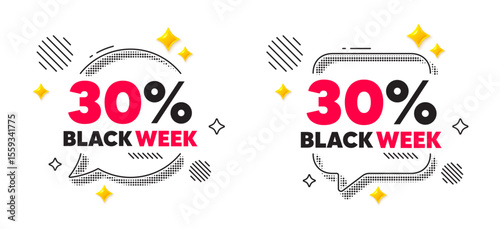 Black week chat speech bubble. Social media concept. Black week 30 percent sale. Special discount sign. Black friday offer symbol. 3d flare stars chat bubble. Vector