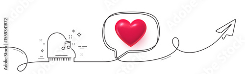 Piano line icon. Continuous line with share plane. Musical instrument sign. Music note symbol. 3d heart in speech bubble. Piano single line ribbon. Loop curve pattern. Vector