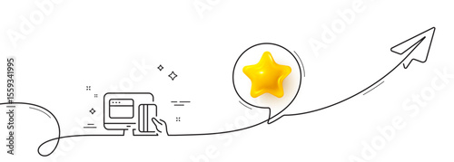 Online Payment methods line icon. Continuous line with share plane. Web money sign. Credit card symbol. 3d star in speech bubble. Online payment single line ribbon. Loop curve pattern. Vector