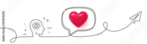 Meditation eye line icon. Continuous line with share plane. Yoga mind sign. Spirit therapy symbol. 3d heart in speech bubble. Meditation eye single line ribbon. Loop curve pattern. Vector
