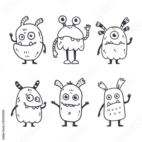 set of cartoon monsters. Cute monsters in doodle style. Kids funny character design for posters, cards, magazins. Line. Vector illustration
