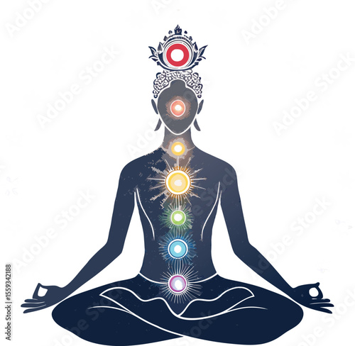 Line Art of Meditating Silhouette with Glowing Chakras in Vector Style Illustrator Artwork
