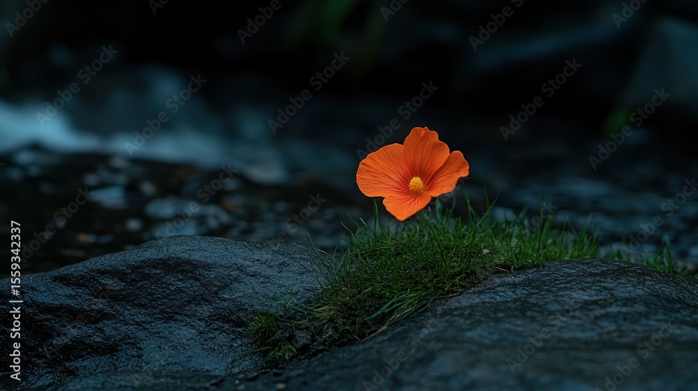 Fototapeta premium Striking Orange Flower Growing Near Stream on Rocky Surface