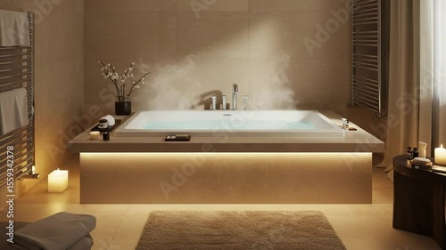 Relaxing spa bath with candles and soothing steam