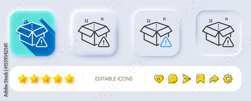 Delivery warning line icon. Neumorphic, Flat shadow, 3d buttons. Package box alert sign. Caution parcel symbol. Line delivery warning icon. Social media icons. Vector