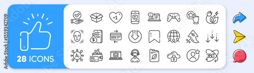 Cloud protection, Download arrow and Canister line icons. Interest rate, AI generate, Inflation icons. Pack of Face detection, Gamepad, Card icon. Credit card, Full rotation, E-mail pictogram. Vector