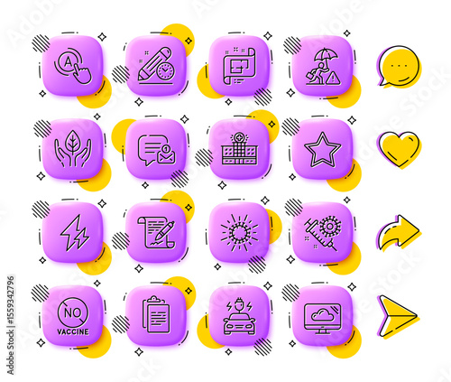 Car charging, New message and Architectural plan line icons. App 3d buttons. Social media comment, share, like icons. Pack of Ab testing, Clipboard, Fair trade icon. Vector