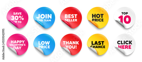 Discount sticker tag. Top 10, Best seller, Hot price banners. Save up to 30 percent tag. Discount Sale offer price sign. Special offer symbol. Join our team sticker. Vector