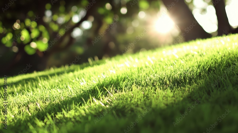 Naklejka premium Sunlit Green Grass Under Trees in a Peaceful Outdoor Setting