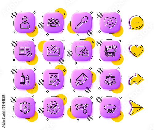 Capsule pill, Puzzle and Cogwheel line icons. App 3d buttons. Social media comment, share, like icons. Pack of Ethics, Medical vaccination, Reject mail icon. Vector