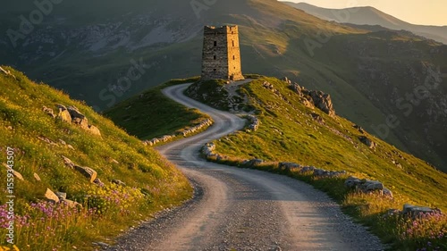 Scenic winding road leads to an ancient tower at sunset