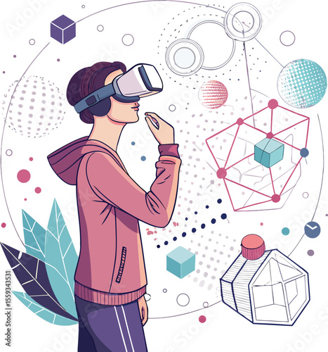 Simple and Elegant Vector Illustration of a Person Using a Virtual Reality Headset in a Digital Environment

