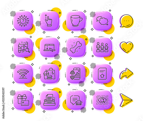 Typewriter, Scroll down and Fitness app line icons. App 3d buttons. Social media comment, share, like icons. Pack of Equality, Touchscreen gesture, Dog bone icon. Vector